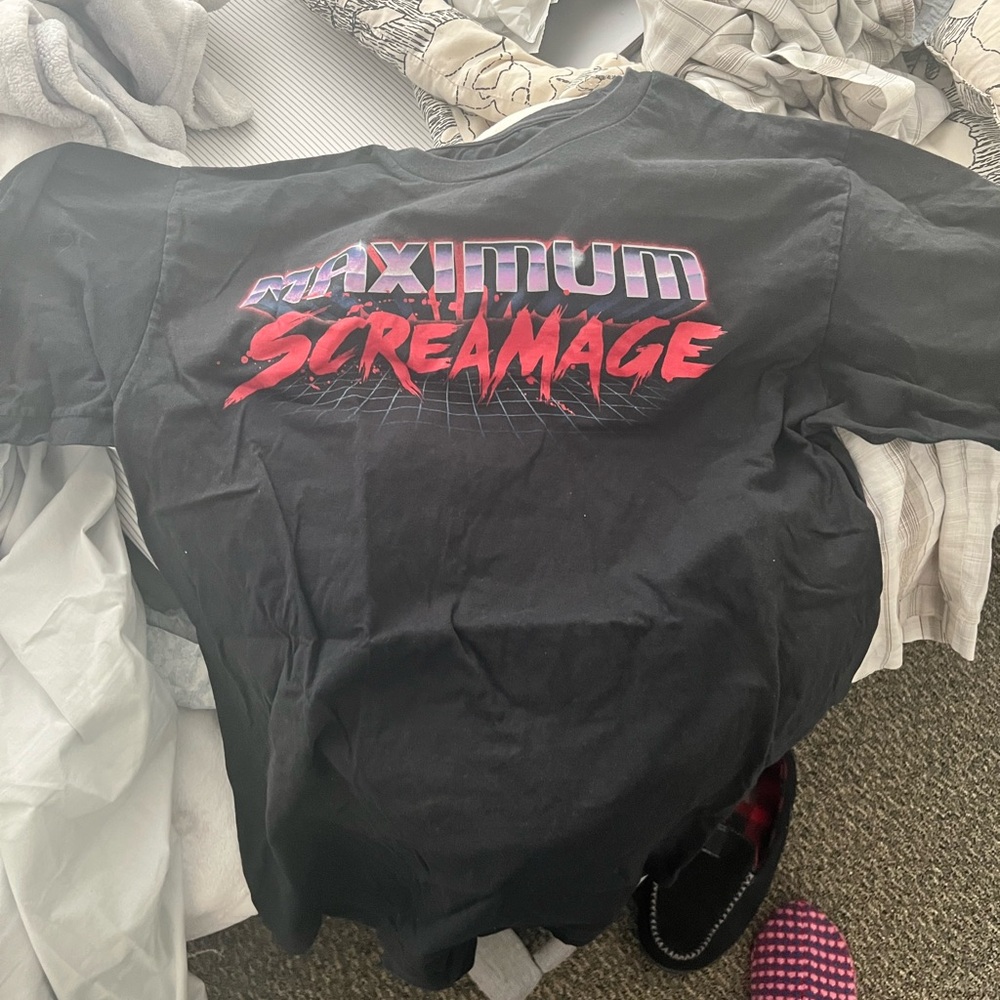 Black Graphic T-Shirt with Red and Purple Design